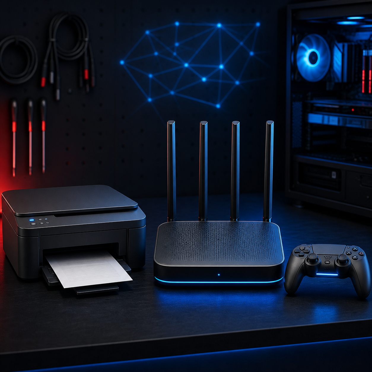 Impresora, router y consola para soporte técnico